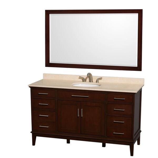 Wyndham Collection Hatton 60 in. Vanity in Dark Chestnut with Marble Vanity Top in Ivory, Sink and 56 in. Mirror