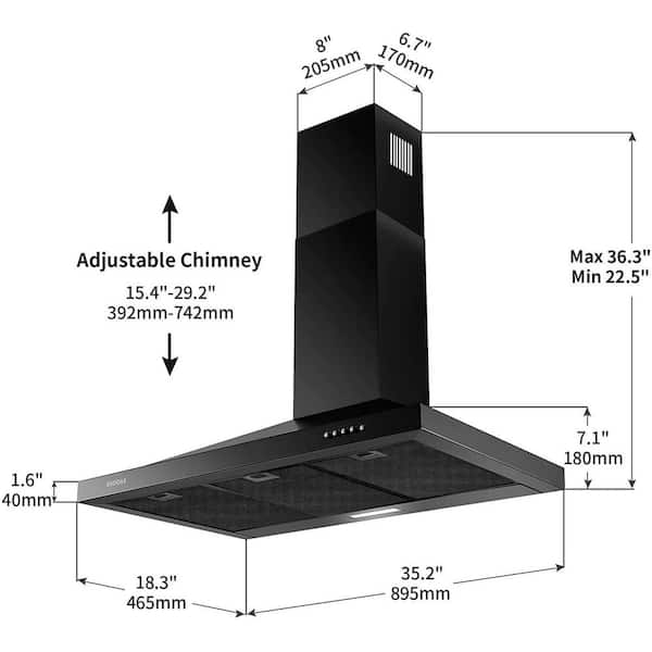 24/30/36 in Wall Mount Range Hood 450CFM Stainless Steel Extension Pipe  Optional