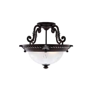 Bercello Estates 15 in. 2-Light Volterra Bronze Semi-Flush Mount with Etched Glass Shade