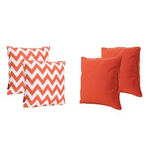 Marisol Solid Orange, Orange and White Chevron Square Outdoor Patio Throw Pillow (4-Pack)