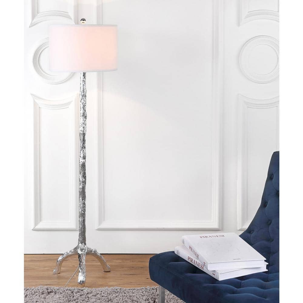 Silvered Tree Trunk Tripod Floor Lamp with White Cotton Shade