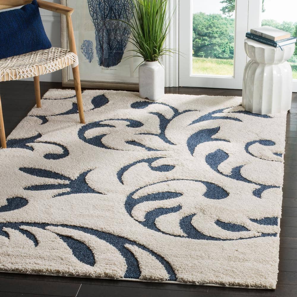 Elysian Cream/Blue Floral Hand-Knotted Shag Rug - 27" x 5"