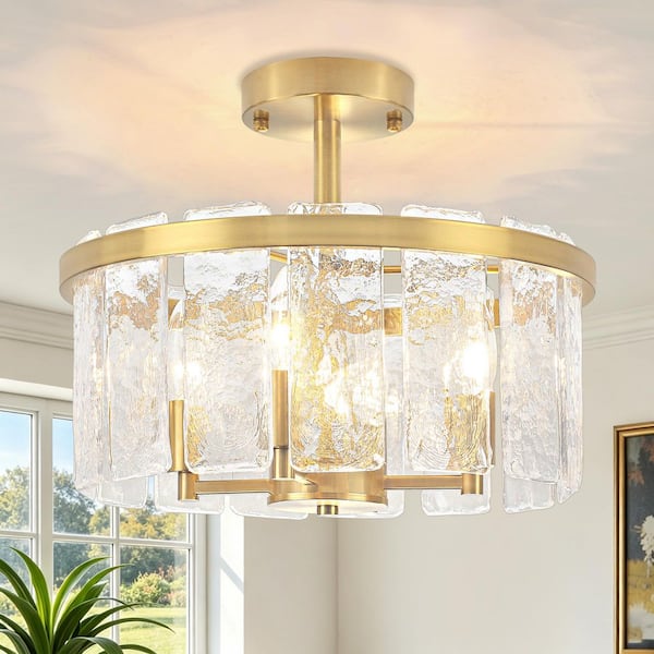 13.9 in. 4-Light Modern Drum Brushed Gold Semi-Flush Mount Ceiling Light with Water Glass for Living Room