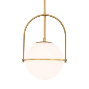 1-Light Antique Brass Sphere Shaded Pendant Light with Opal Glass Shade, No Bulbs Included