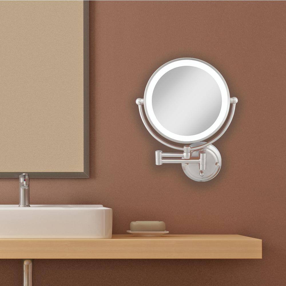 Satin Nickel 14" Dual-Sided 5X/1X Magnifying Wall Mirror with Adjustable Brightness
