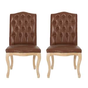 Lucy Cognac Brown and Natural Faux Leather Tufted Dining Chairs (Set of 2)