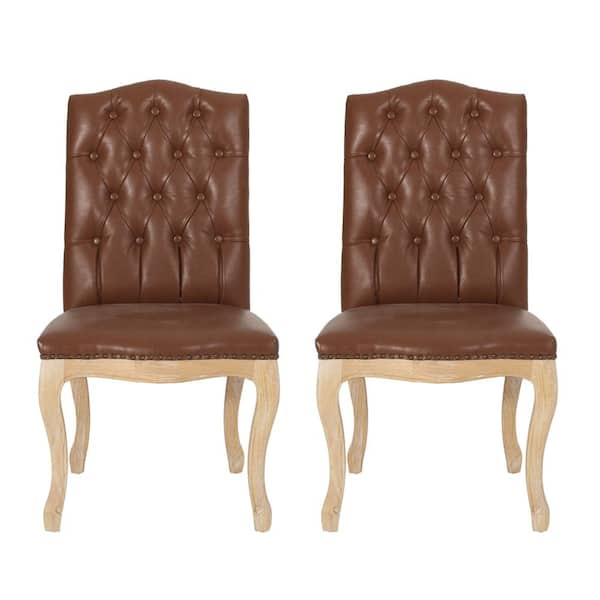 Noble House Lucy Cognac Brown And Natural Faux Leather Tufted Dining Chairs Set Of 2 107624 8639