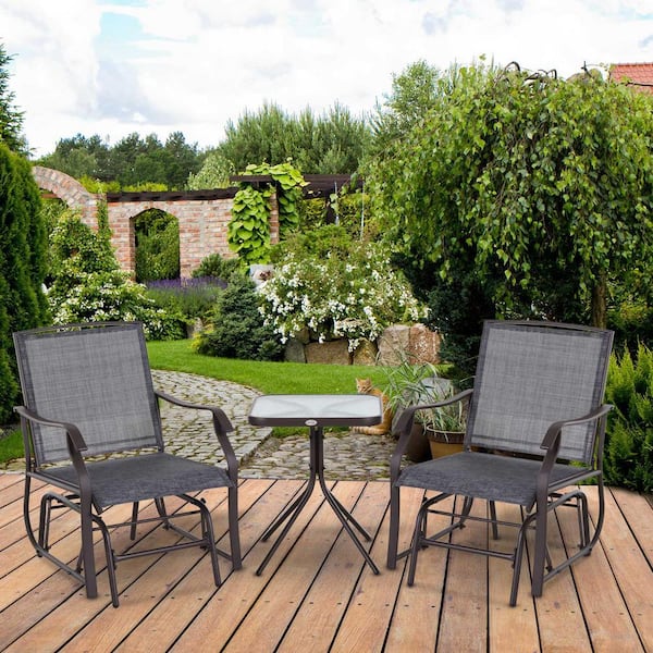 3-Piece Metal Outdoor Bistro Set, Patio Glider Chairs Swing Chairs with Tempered Glass Coffee Table in Gray
