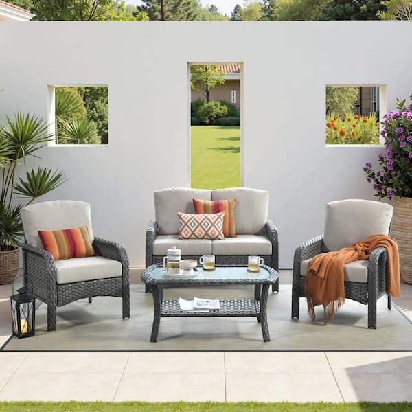 Hot Sale Gray 4-Piece Wicker Outdoor Lounge Chair Patio Seating Set with Beige Cushion & Coffee Table for Backyard