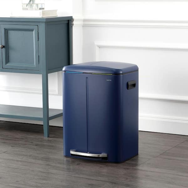 Marco Rectangular 10.6 Gal. Denim Blue Double Bucket Trash Can with Soft-Close Lid