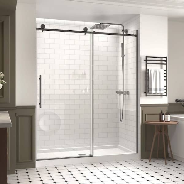 Modern 60 in. W x 74 in. H Single Sliding Frameless Shower Door in Matte Black Finish with 5/16 in. (8mm) Clear Glass