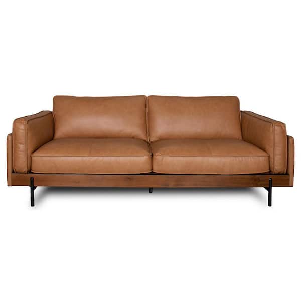Venice 89 in. Square Arm Genuine Leather Rectangle Sofa with Eco-Friendly Wood & Metal Accents in Cognac