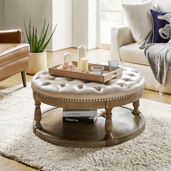 Chloe Beige 35.5 in. Wide Vegan Leather Tufted Transitional Square Coffee Table Ottoman with Solid Wood Legs