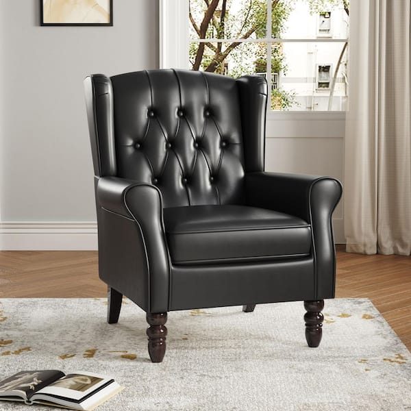 Modern Black PU Leather Upholstered Button High Back Accent Arm Chair With Wood Legs(Set of 1)