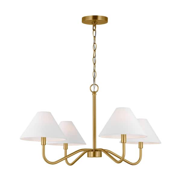 SCOTT LIVING Eldon 4-Light Satin Brass Medium Chandelier with White Linen Fabric Shades and No Bulbs Included