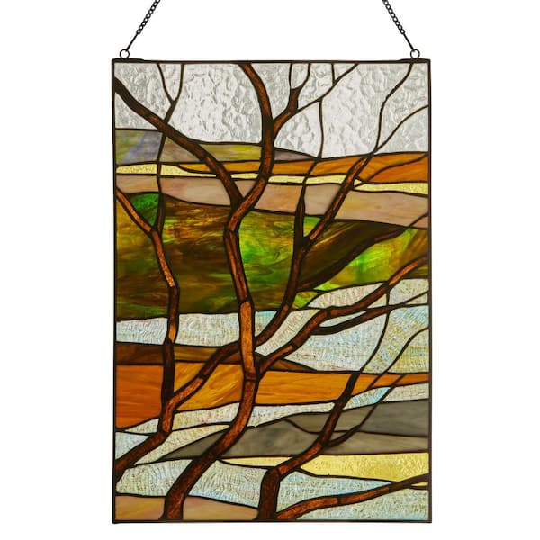 River of Goods Multicolored Fall Treescape Stained Glass Window Panel