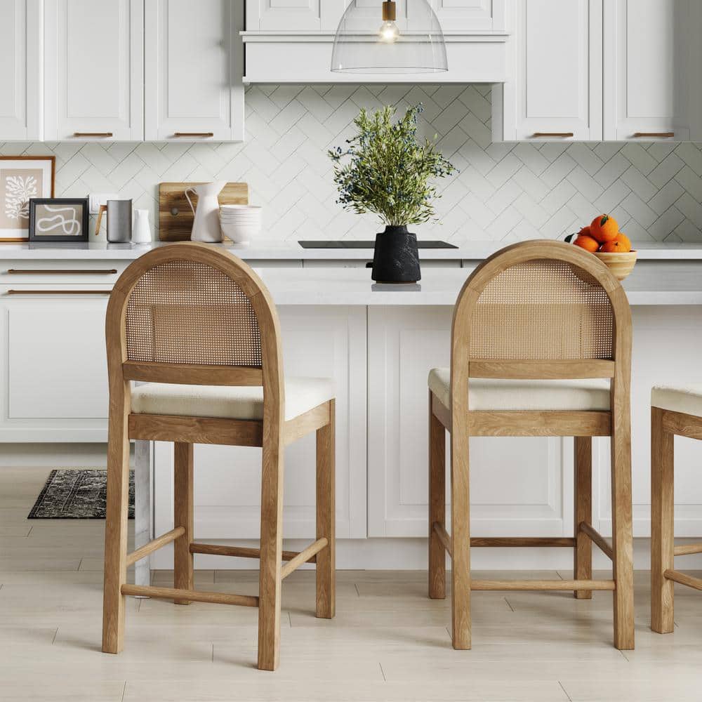 Bailey Light Brown Wood and Rattan Counter Height Barstool