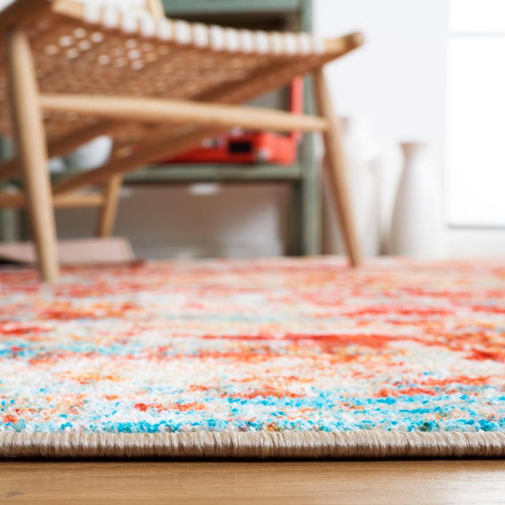 Red and Light Blue Round Washable Synthetic Area Rug