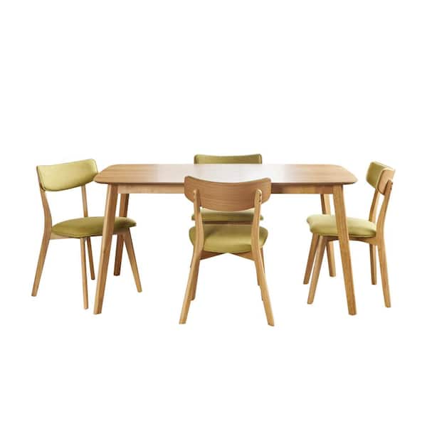 Noble House Alma 5-Piece Green Tea Fabric Upholstered and Natural Oak Wood Dining Set