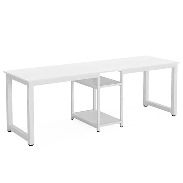 BYBLIGHT Moronia 78.74 in. Rectangular White Wood and Metal Double Computer Desk 2-Person Desk with Storage Shelf for Office