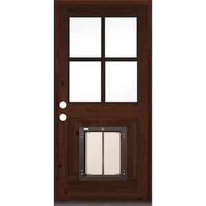 32 in. x 80 in. Knotty Alder Right-Hand/Inswing 4-Lite Clear Glass Red Mahogany Stain Wood Prehung Front Door w/Dog Door