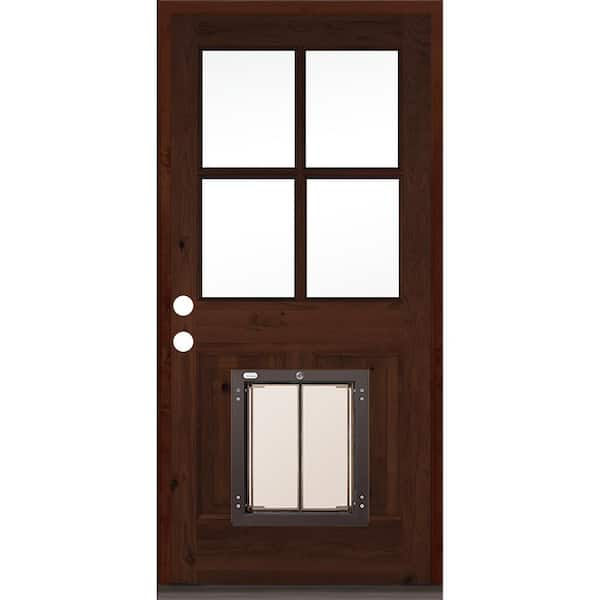 Krosswood Doors 36 in. x 80 in. Right-Hand 4 Lite Clear Glass Red Mahogany Stained Wood Prehung Door with Large Dog Door