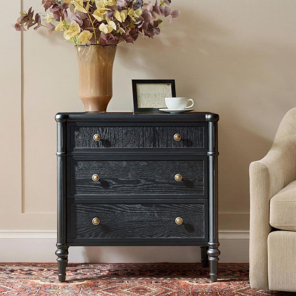 Roland Black Solid Wood 3-Drawer 28 in. W Nightstand with Built-In Charging Station