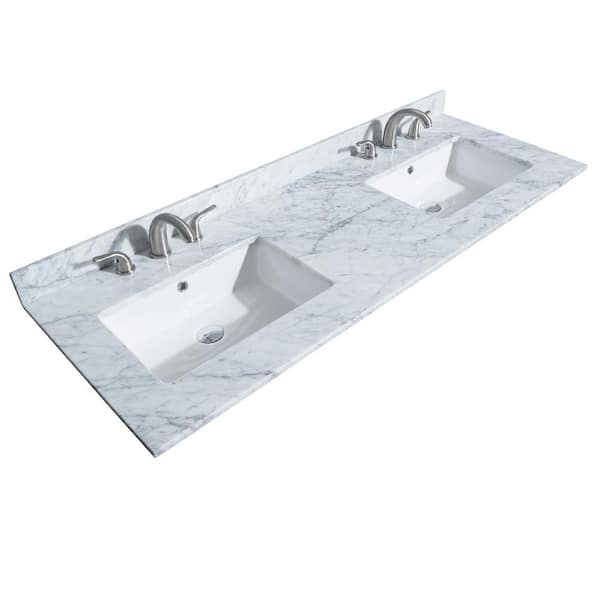 Wyndham Collection 60 in. W x 22 in. D Marble Double Basin Vanity Top in White Carrara with White Basins