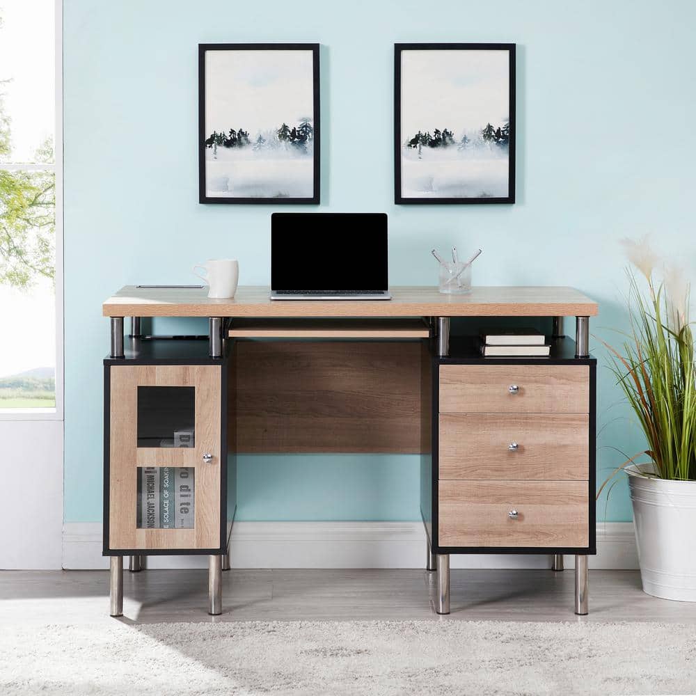 47.2 in. Rectangular Black/Natural Wood 3-Drawer Desk with Keyboard Tray and USB Charging Station