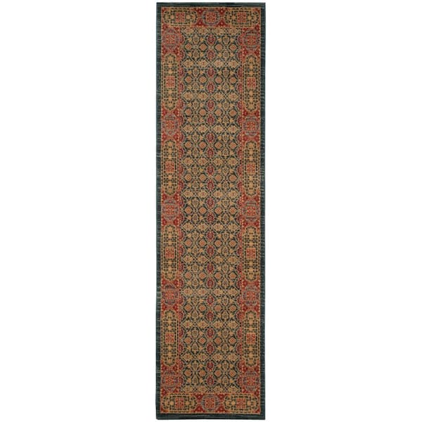 Mahal 2 ft. x 10 ft. Light Blue/Red Distressed Ornate Runner Rug