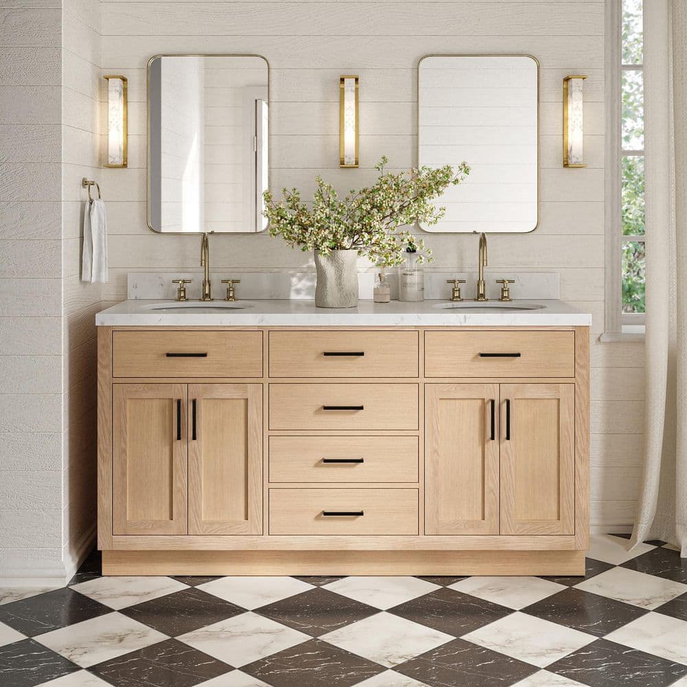 Hepburn 66 in. Double Sink Freestanding Bathroom Vanity in Oak with Carrara White Quartz Top price history on PriceWatchPro