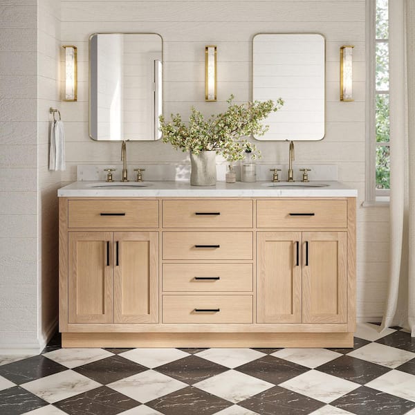 Hepburn 66 in. Double Sink Freestanding Bathroom Vanity in Oak with Carrara White Quartz Top
