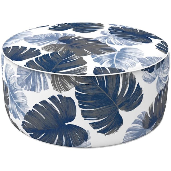 Angel Sar 21 in. Round Plastic Outdoor Inflatable Ottoman with Handle for Patio Garden Camping, Blue Leaves