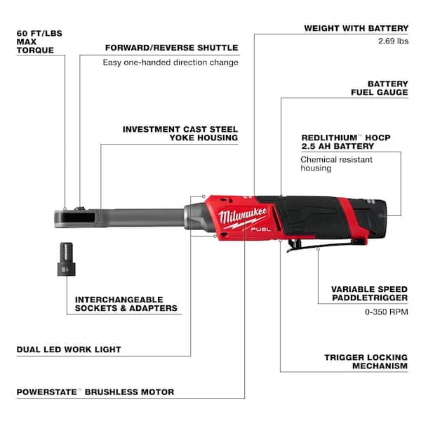 Milwaukee - M12 12V FUEL 1/4 in.-3/8 in. Lithium-Ion INSIDER Extended Reach Box Cordless Ratchet Kit w/6 Pt Impact Socket Set