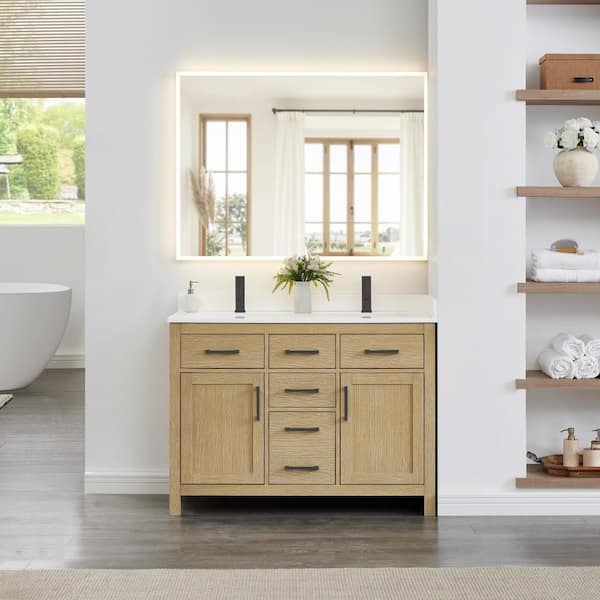 Beckett 48 in. Double Freestanding Whitewashed Oak Bath Vanity with White Quartz Top