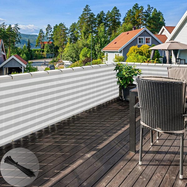 3 ft. x 25 ft. Grey White Stripes Balcony Privacy Fence Screen with UV Blockage for Balcony Porch Patio Deck Yard