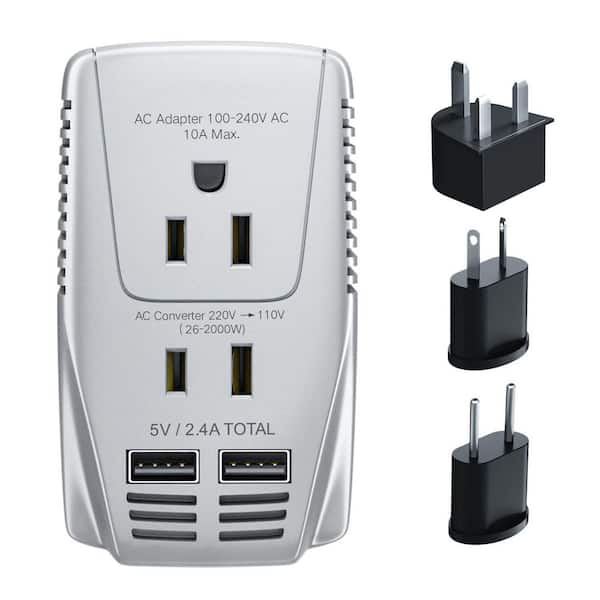 2000W Pipe Capacity Voltage Converter 220V to 110V Travel Adapter with 2-Port USB Power Converter for US/UK/EU Plug Gray