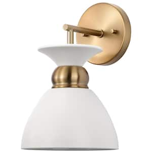 Perkins 7 in. 1-Light Matte White/Burnished Brass Wall Sconce with Matte White Metal Shade