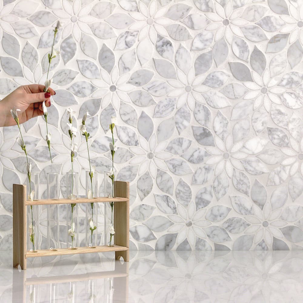 Thistle White Polished Marble Waterjet Mosaic Tile Sheet