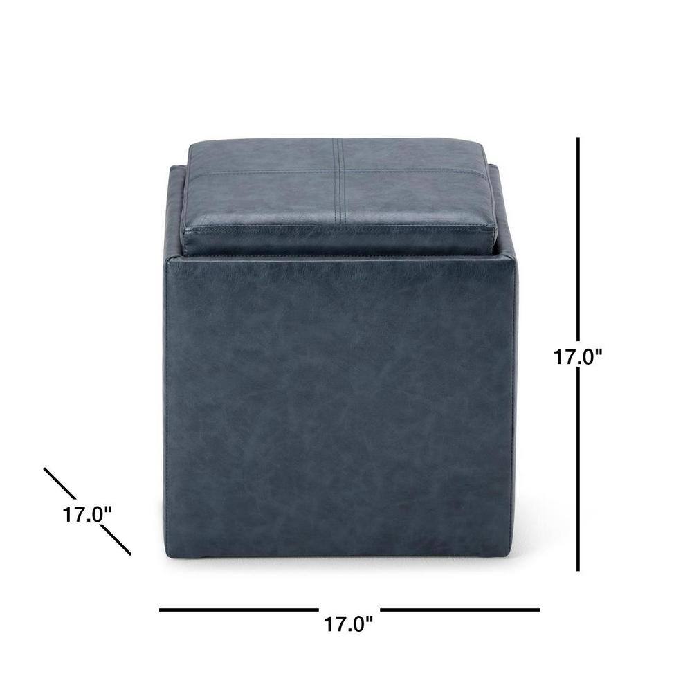 Denim Blue Faux Leather Square Storage Ottoman with Flip-Over Tray