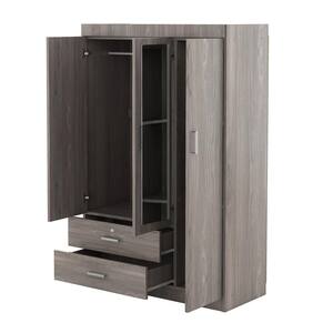 Gray Wood 41.3 in. 3-Door Wardrobe Armoire with Mirror, 2 Drawers, 4 Storage Shelves and 1 Hanging Rail