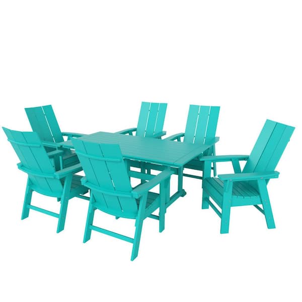 Shoreside Outdoor Patio Weather Resistant Turquoise 7-Piece HDPE Plastic Adirondack Dining Set