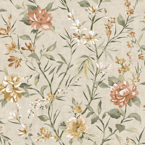 Neutral/Orange Trailing Camelia Flowers Print Non Woven Non-Pasted Textured Wallpaper 57 sq. ft.