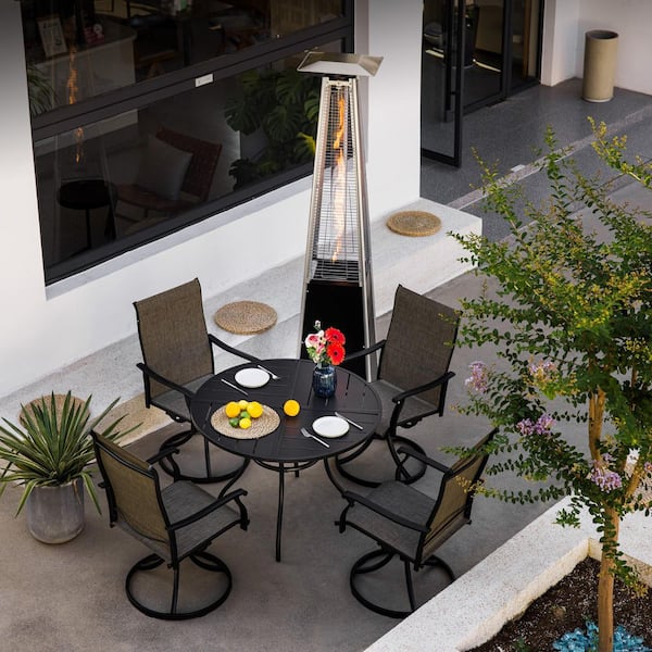 6-Piece Metal Patio Dining Set with 4 Textilene Swivel Chairs, Round table and 48,000 BTU Propane Heater for Garden