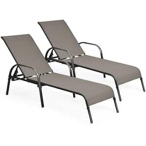 Brown 2-Piece Fabric Adjustable Outdoor Chaise Lounge Chair Recliner Patio Yard with Armrest