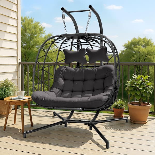 Large 2-Person 700 lbs. Gray Wicker Double Patio Swing Egg Chair with Black Stand and Gray Cushions