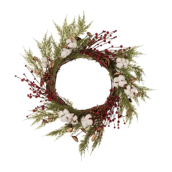 Glitzhome 22 in. Artificial Dia Christmas Cotton Berries Wreath
