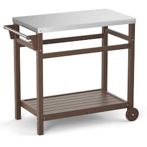 Brown Rectangular Stainless Steel 34 in. x 19 in. x 33 in. Outdoor Dining Table Grill Cart Prep Cart