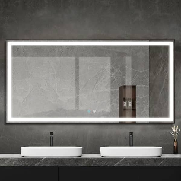FAMYYT 72 in. W x 36 in. H Rectangular Metal Framed Anti-Fog Dimmable LED Light Wall Bathroom Vanity Mirror in Black