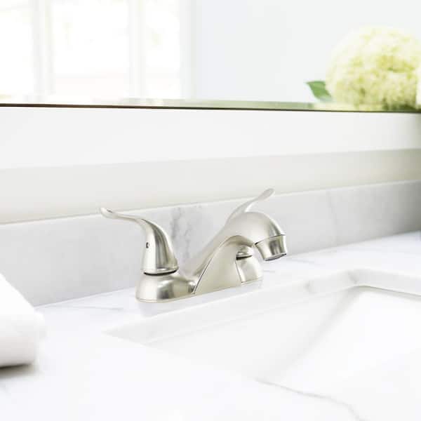Double Handle Low-Rise Spout Lavatory Faucet with Matching Push Pop-Up in Brushed Nickel